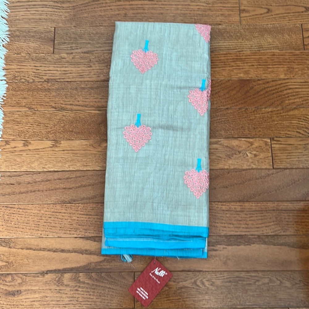 Blue and silver saree with pink tree design. Brand new with tag!